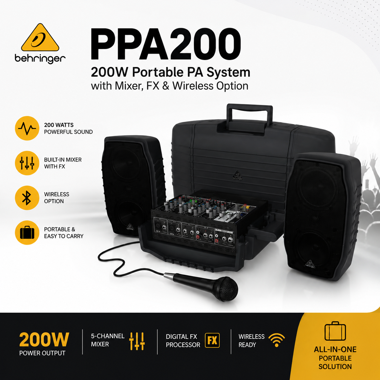 Behringer PPA200 – 便携式200瓦音响系统，内置混音器、效果器与无线麦克风支持