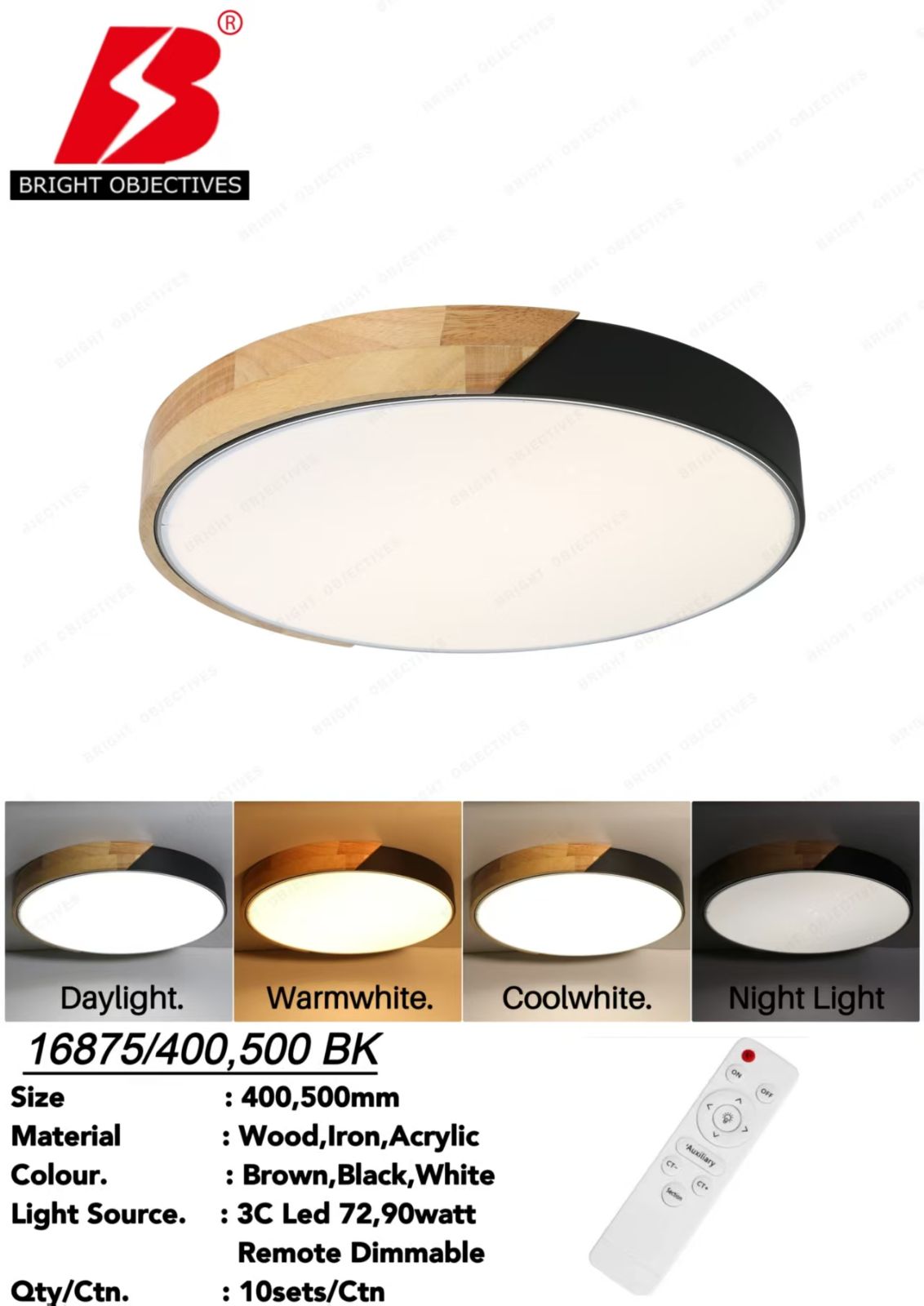 Modern Ceiling Light Wood Frame style with 3 Color Light - 16875/BK