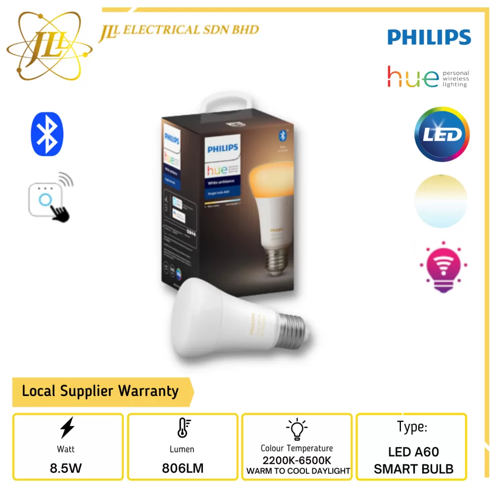 PHILIPS HUE BLUETOOTH BULB 8.5W A60 E27 WHITE AMBIANCE SMART LED LIGHT BULB  (SMART LIGHT) PHILIPS LIGHTING PHILIPS UVC/ MEDICAL Kuala Lumpur (KL),  Selangor, Malaysia Supplier, Supply, Supplies, Distributor | JLL Electrical