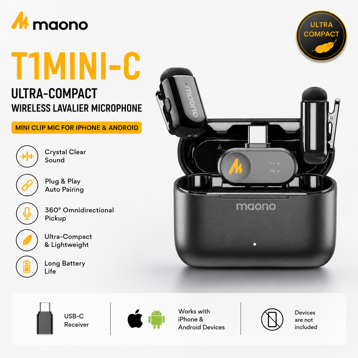 Maono T1MINI‑C Mikrofon Lavalier Mini Tanpa Wayar – Mikrofon Klip Ultra Kompak untuk iPhone & Android