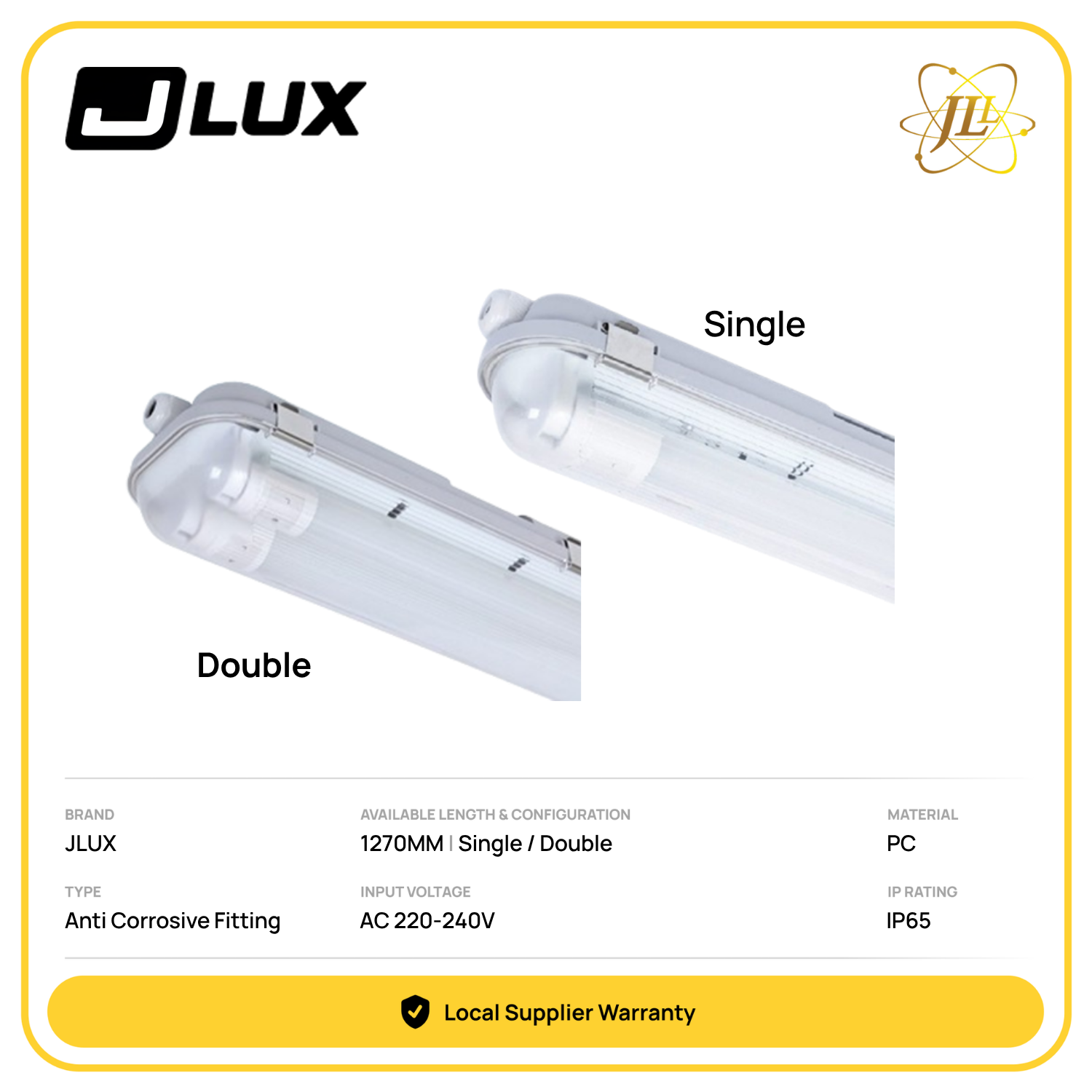 JLUX ACF 136/236 T8 POLYCARBONATE ANTI CORROSIVE TUBE FITTING 1270MM AC 220-240V IP65 [SINGLE/DOUBLE]