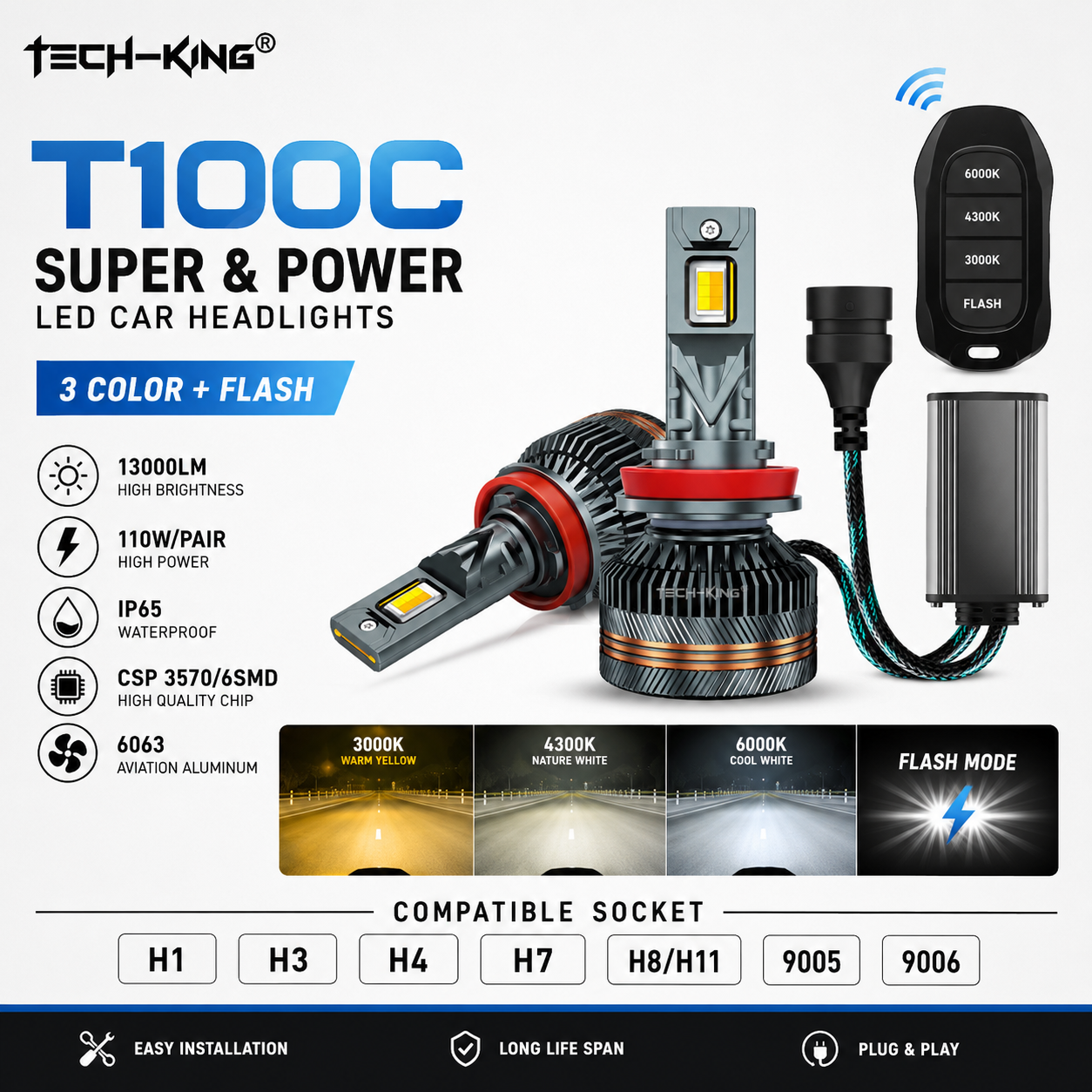 TECH-KING T100C LED HEADLIGHT - 3 COLOR WITH FLASH (110W)