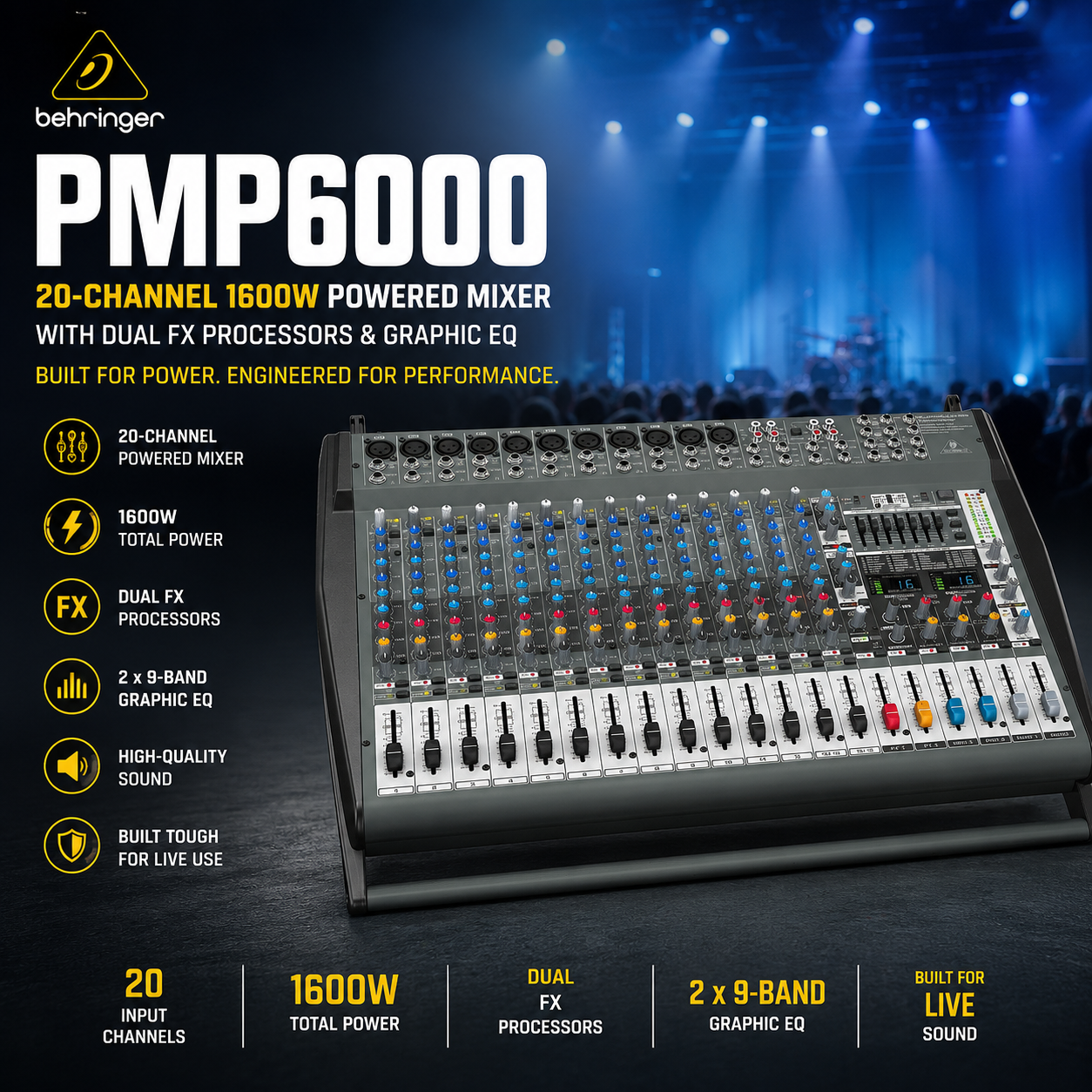 Behringer PMP6000 – 20通道1600W有源调音台，内置双效果器与图示均衡器，适用于现场扩音系统