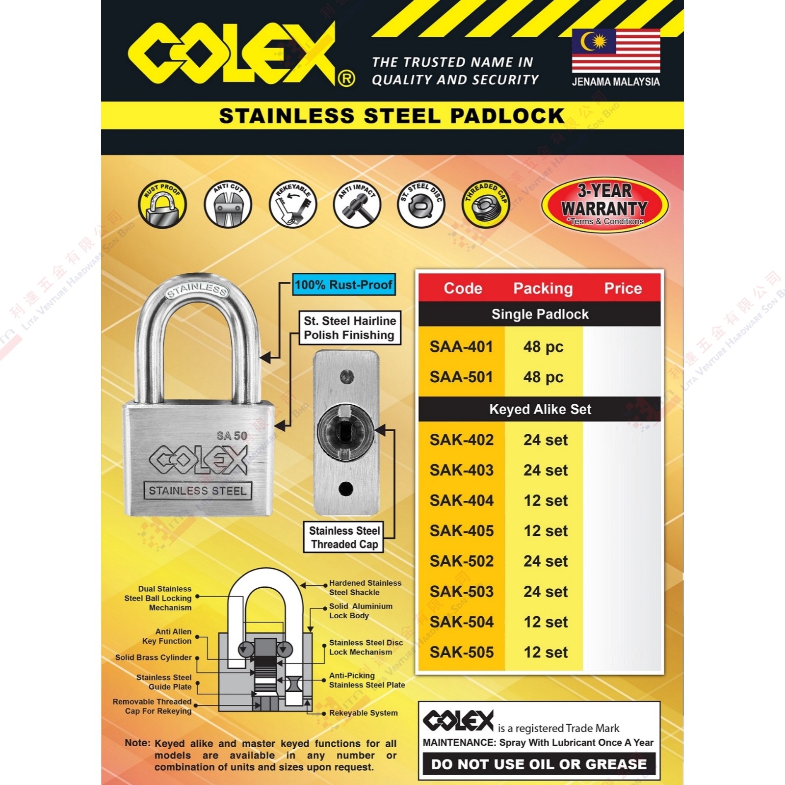 COLEX BRNAD STAINLESS STEEL PAD LOCK - SAA401 SAA501 SAK402 SAK403 SAK404 SAK405 SAK502 SAK503 SAK504 SAK505