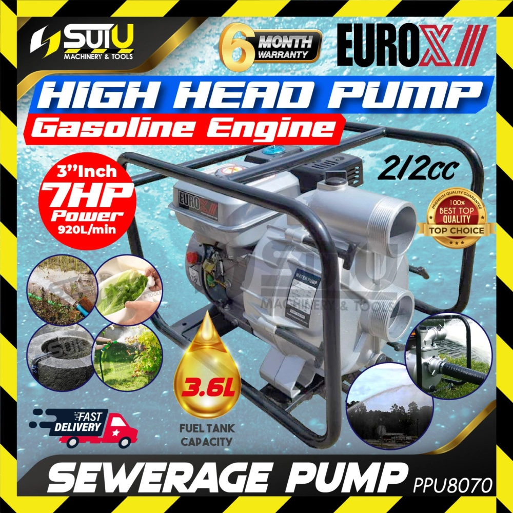 EUROX PPU 8070 / PPU8070 212CC 7HP 3" Gasoline Engine Sewerage Pump / Pam Pembetungan / 污水泵 3600RPM