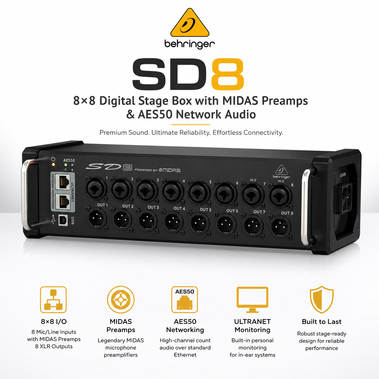 Behringer SD8 – 8×8 Digital Stage Box with MIDAS Preamps & AES50 Network Audio