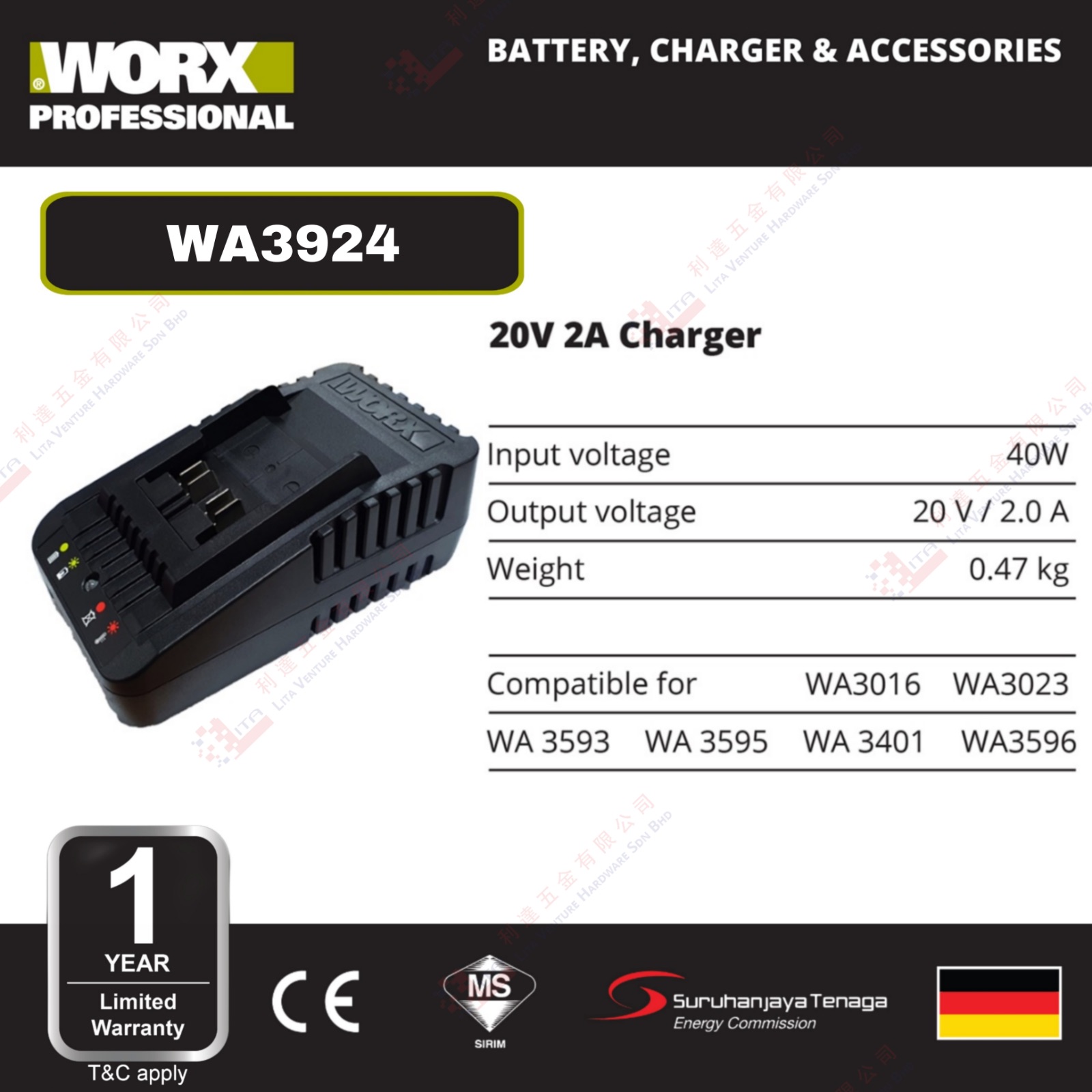 WORX BRAND 20V 2A CHARGER - WA3924