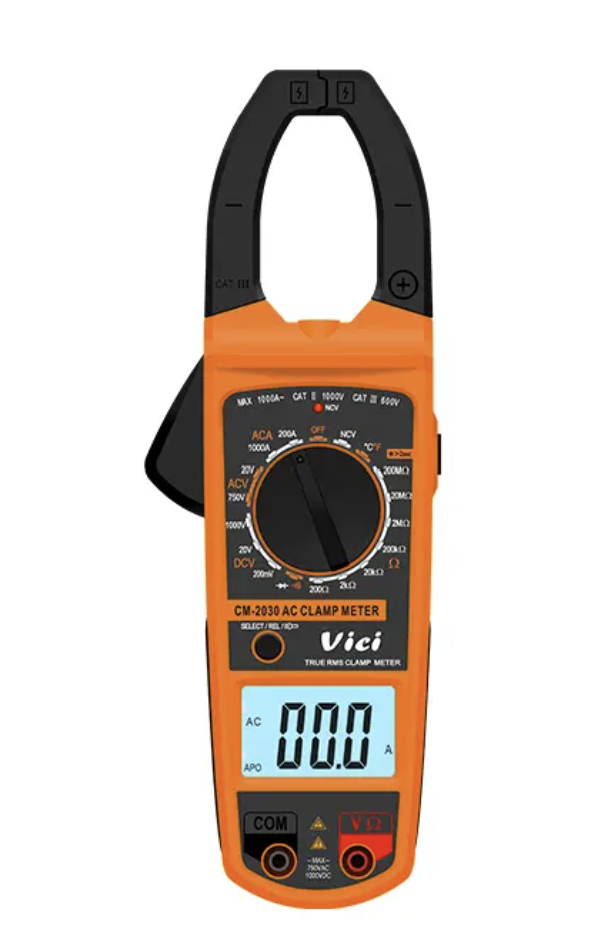 Vici CM-2030 Manual ranging, 52mm clamp open, True RMS, NCV tests, Backlight, Clamp lighting function.