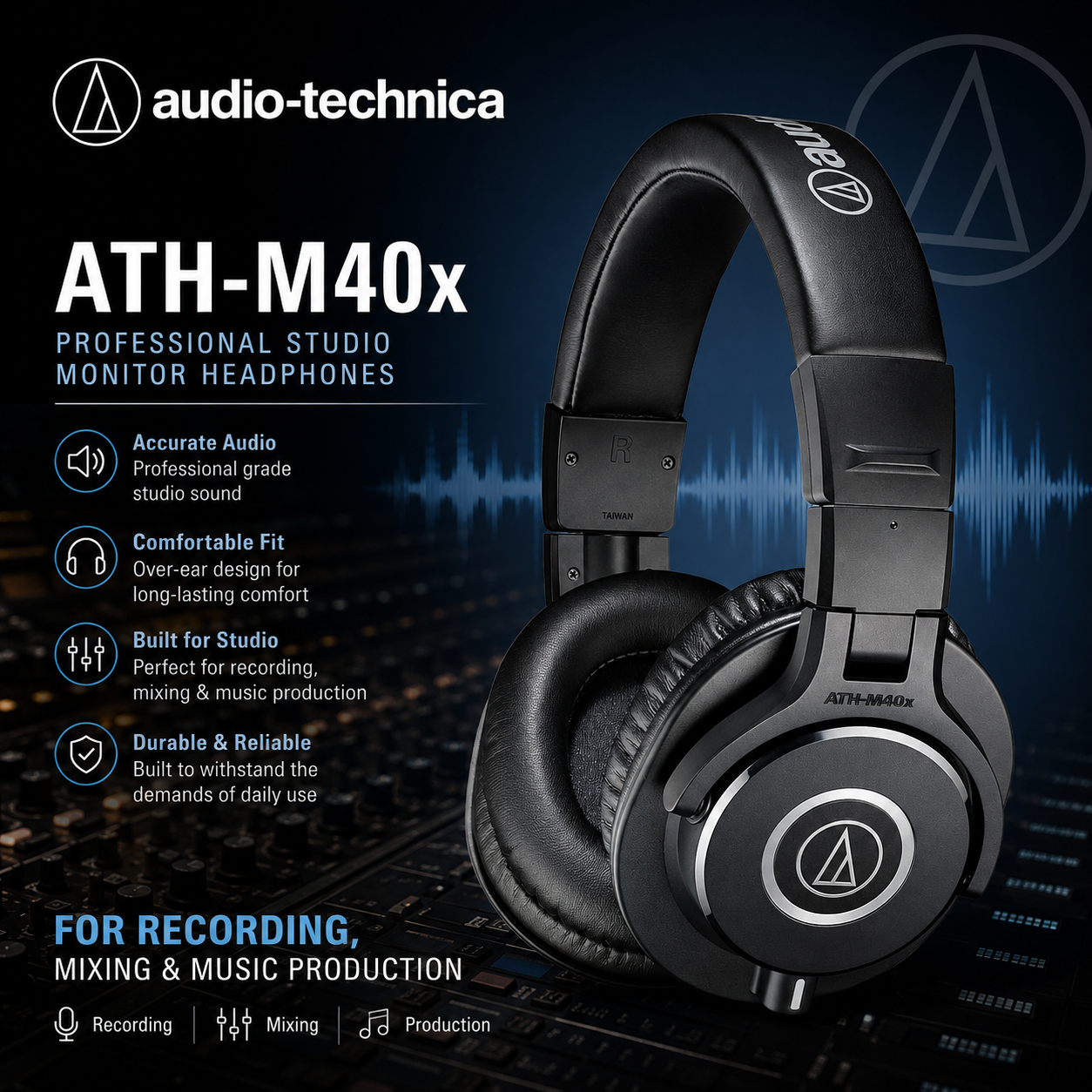 Audio-Technica ATH-M40X 专业录音室监听耳机｜混音、录音与音乐制作耳机