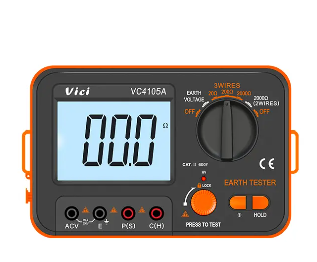 Vici VC4105A Earth Resistance Tester, 3 wires Earth Resistance tests, 2 wires simple Resistance tests, Earth voltage test.