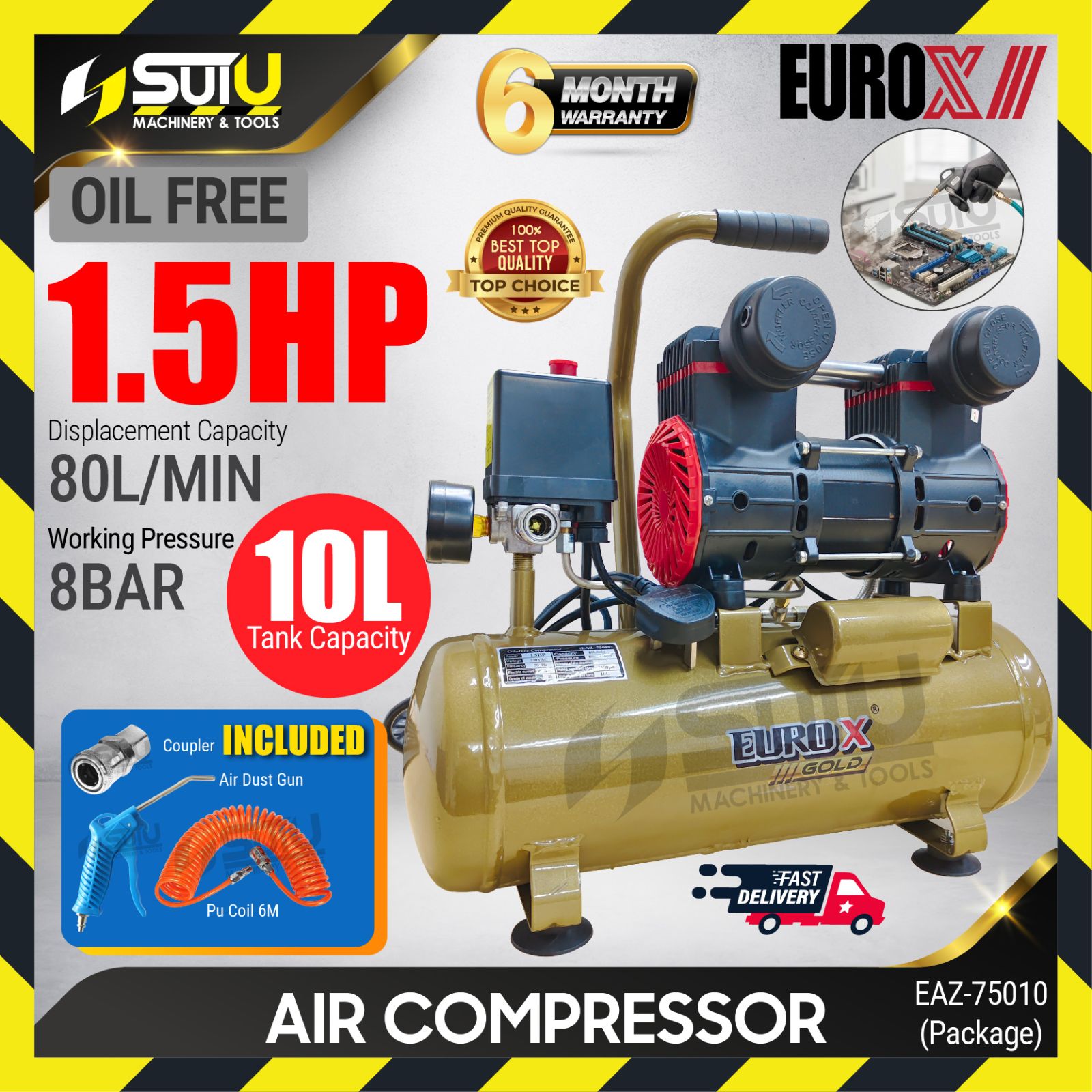 EUROX EAZ-75010 / EAZ75010 1.5HP 8Bar 10L Air Compressor / Kompressor 2850RPM
