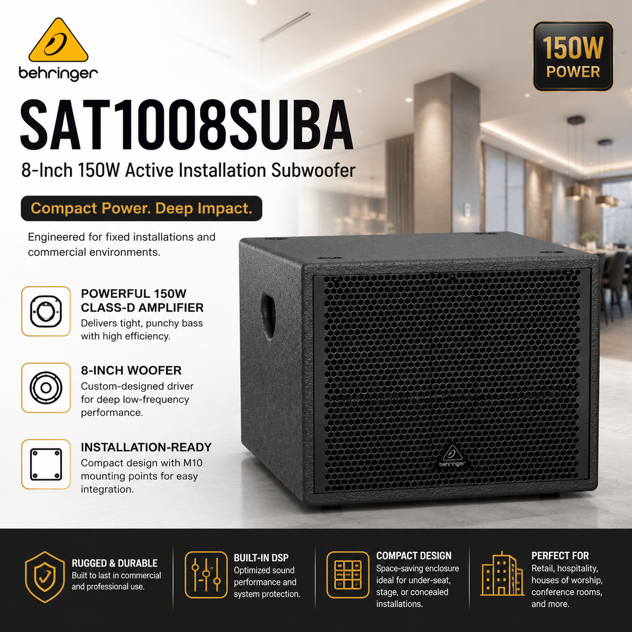 Behringer SAT1008SUBA – 8-Inch 150W Active Installation Subwoofer for Fixed & Commercial Audio Systems