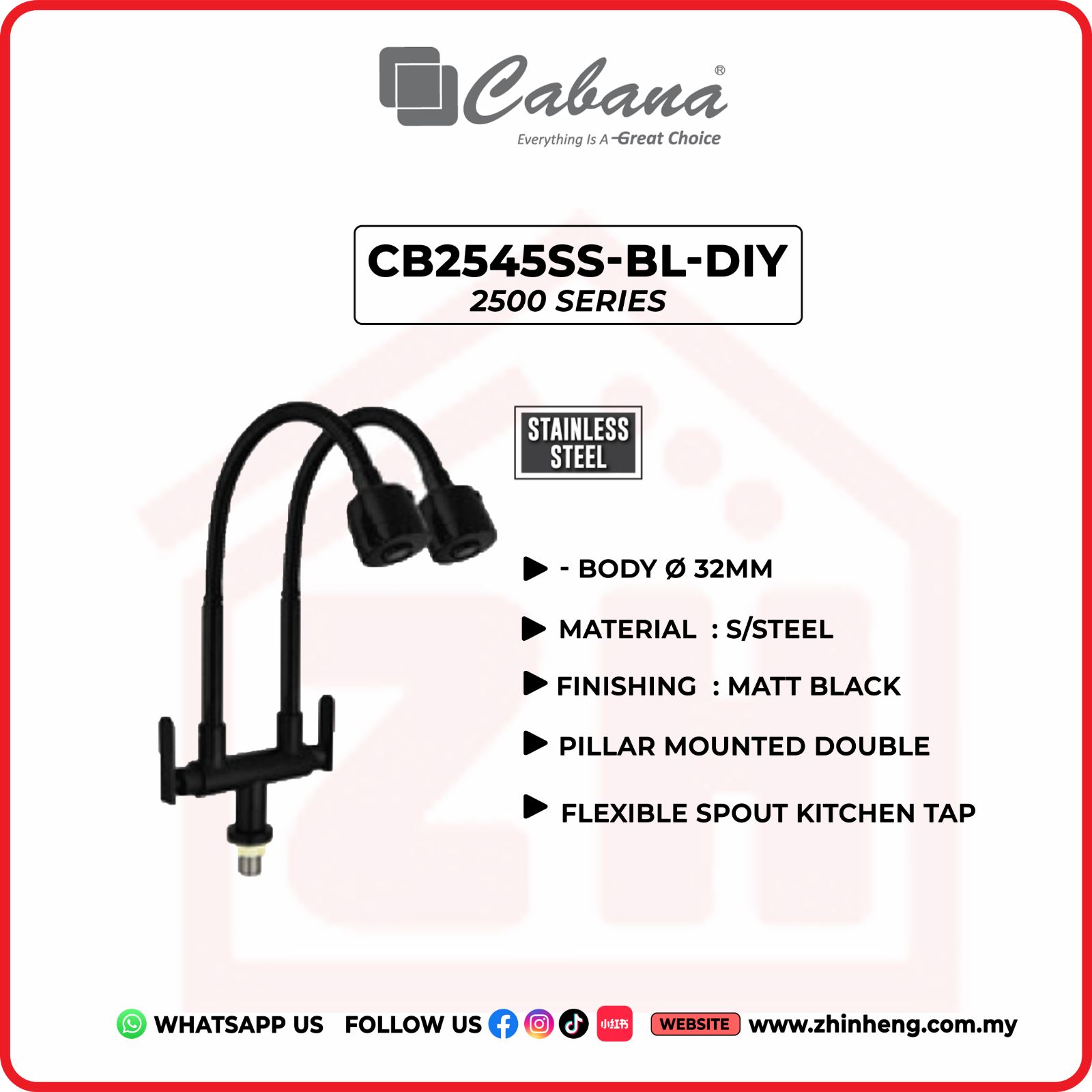 CABANA Pillar Mounted Double Flexible Spout Kitchen Tap CB2545SS-BL-DIY