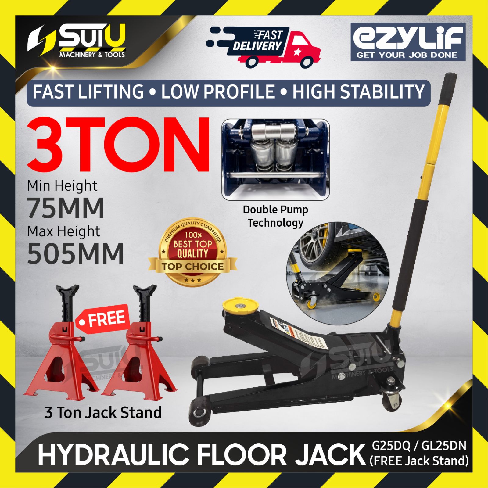 [PACKAGE] EZYLIF G25DQ / GL25DQ / GL25DN / G25DN 3TON Heavy Duty Low Prifile Floor Jack + 3 Ton Jack Stand