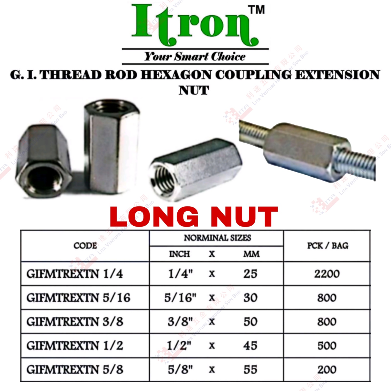 ITRON BRAND LONG NUT - GIFMTREXTN14 GIFMTREXTN516 GIFMTREXTN38 GIFMTREXTN12 GIFMTREXTN58