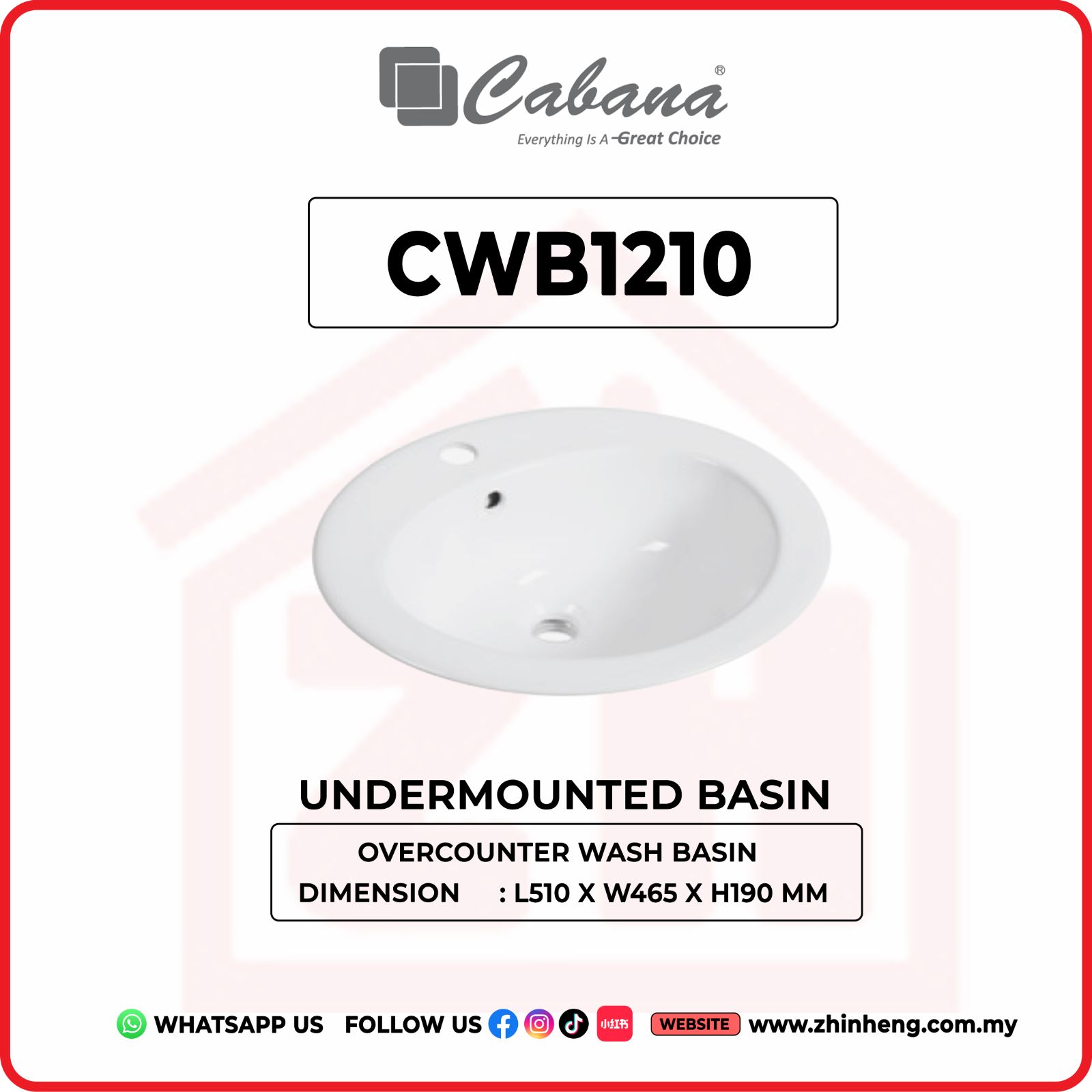 CABANA CWB1210 OVERCOUNTER WASH UNDERMOUNTED BASIN