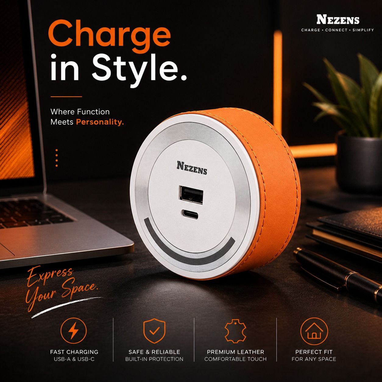 Type A&C USB, White/Orange
