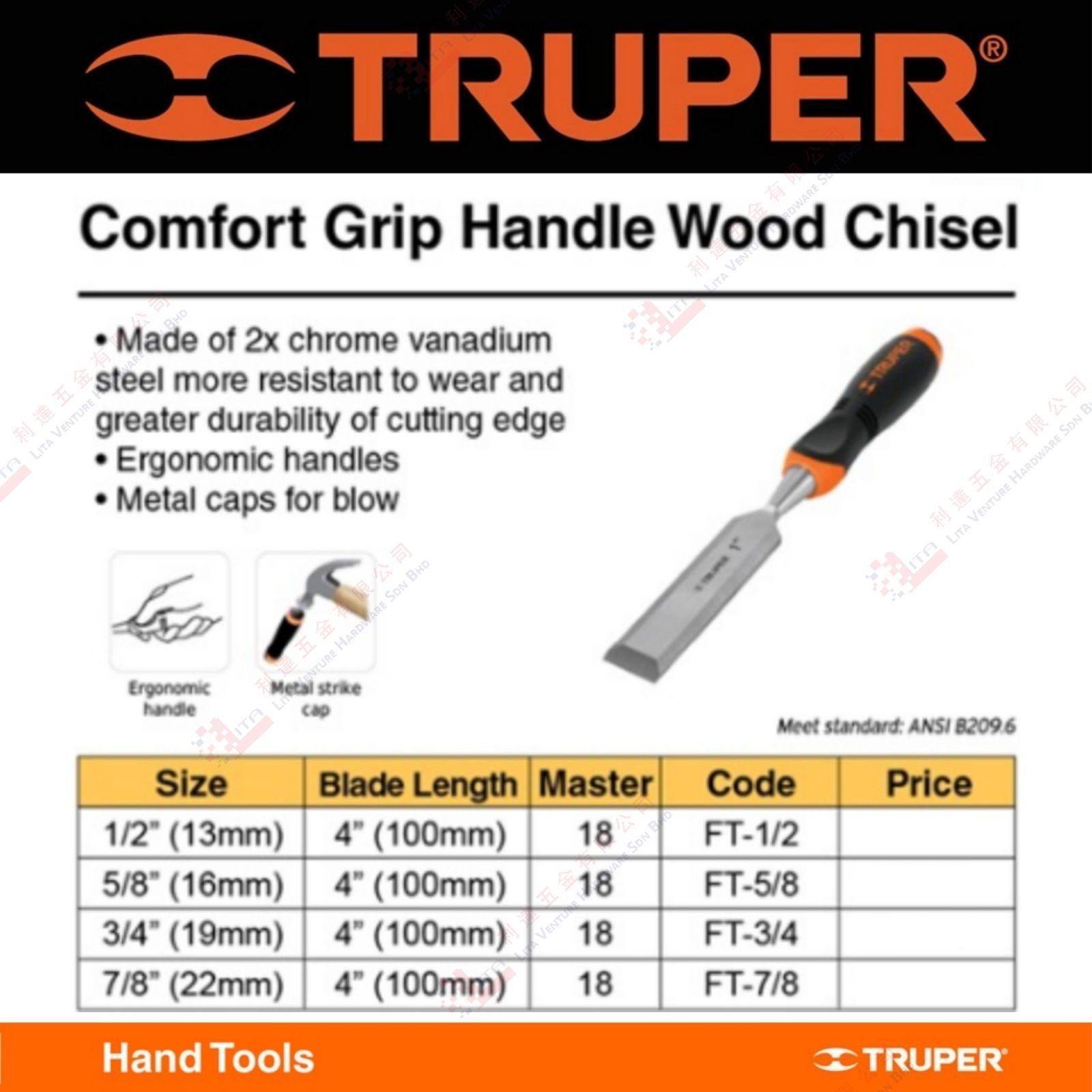 TRUPER BRAND CONFORT GRIP HANDLE WOOD CHISEL - FT12 FT58 FT34 FT78