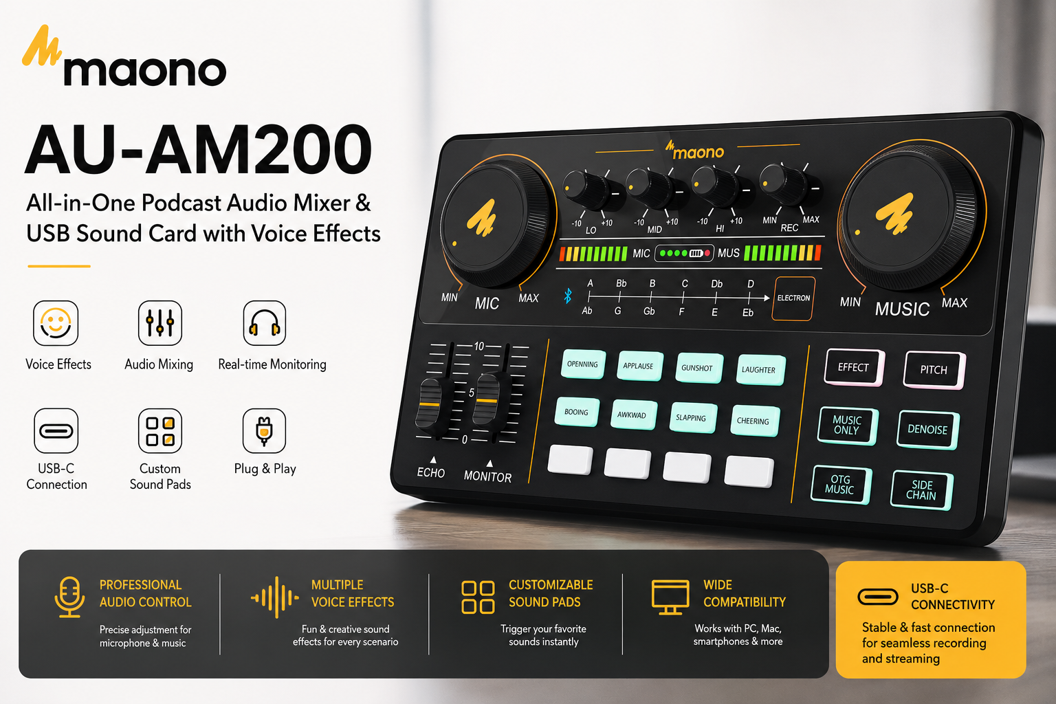 Maono AU-AM200 – 一体式播客音频混音器与USB声卡，内建语音特效功能