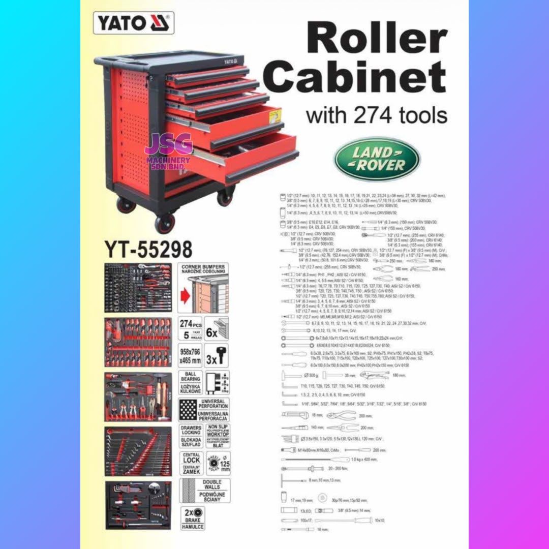 YATO YT-55298 274PCS Roller Cabinet Tool Set for Land Rover Professional Automotive Workshop Tool Storage Cabinet