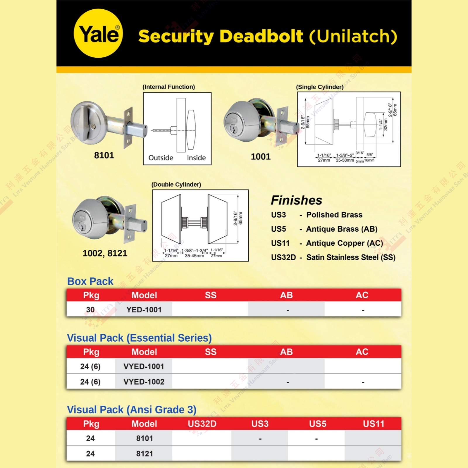 YALE BRAND SECURITY DEADBOLT - YED1001 VYED1001         VYED1002         8101 8121