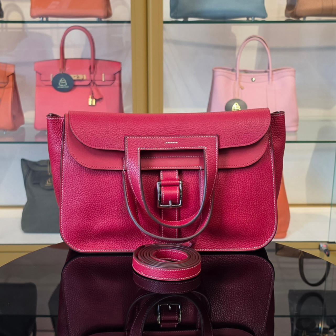 Hermes Halzan 31 Rouge Casaque/Vermillon Clemence Palladium Hardware Bag