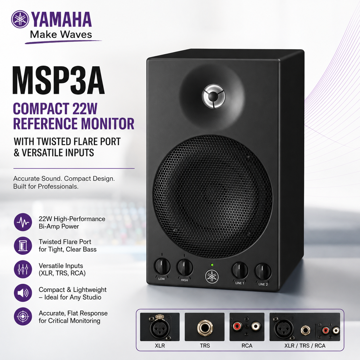 Yamaha MSP3A – Compact 22W Reference Monitor Speaker with Twisted Flare Port & Versatile Inputs