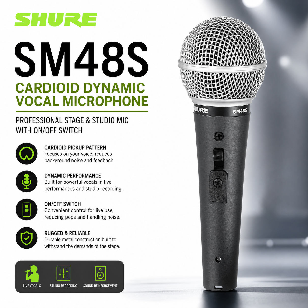 Shure SM48S Cardioid Dynamic Vocal Microphone – Professional Stage & Studio Mic with On/Off Switch