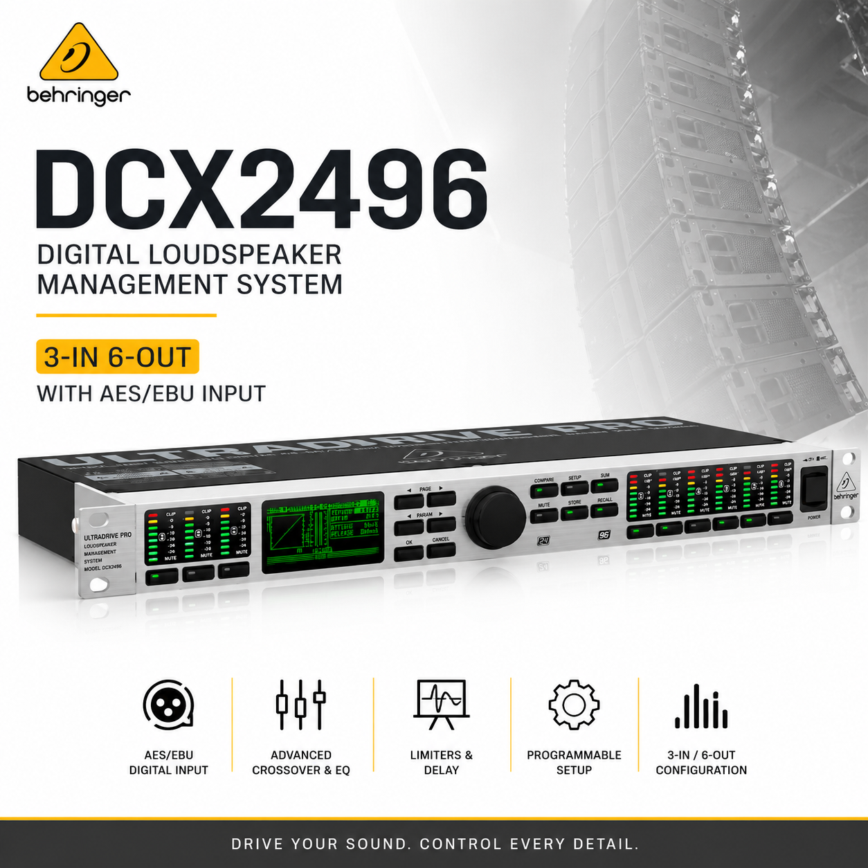 Behringer DCX2496 – 3进6出数字扬声器管理系统，支持AES/EBU输入