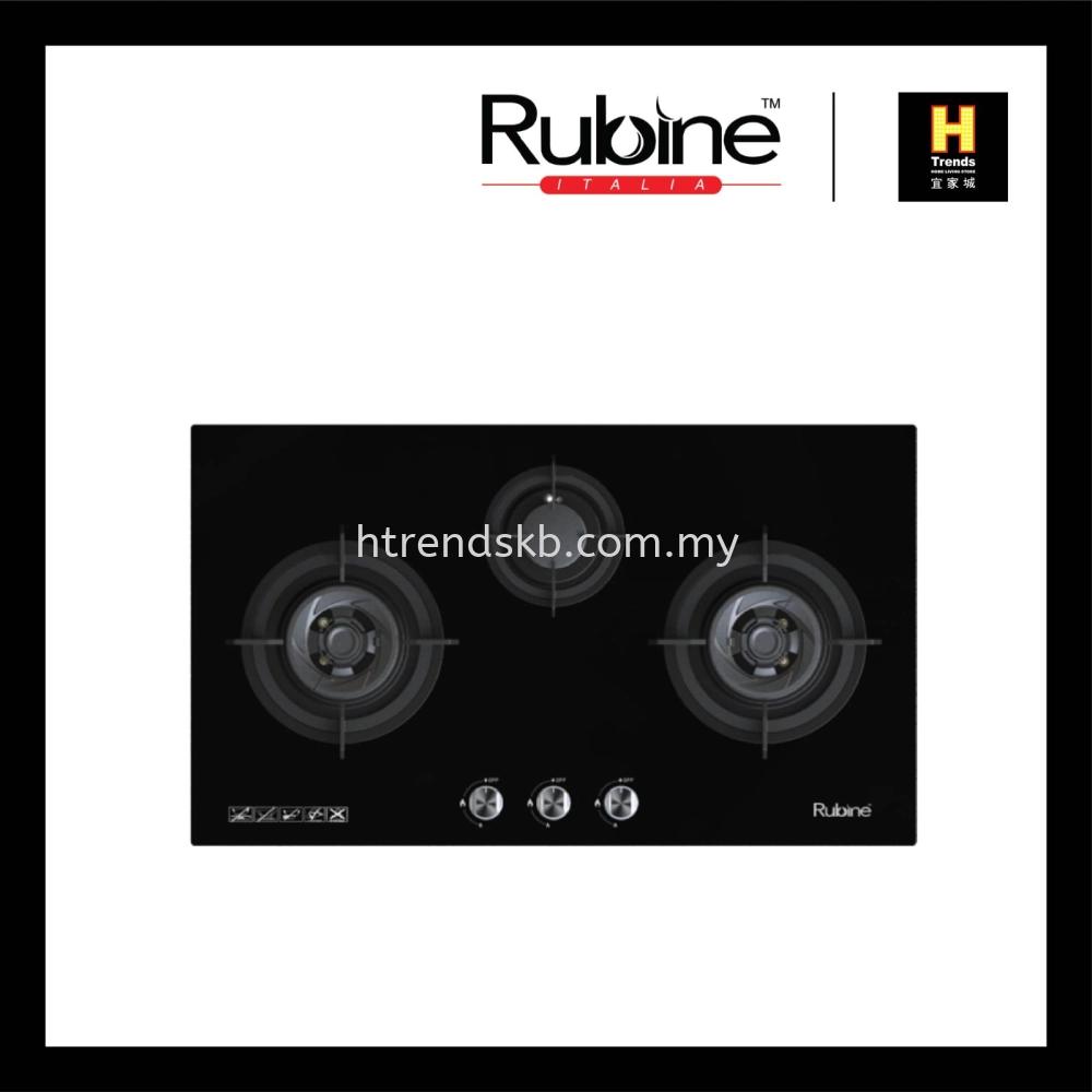 Rubine 3 Burner Build In Gas Hob (Glass) RGH-LOTOFLEXI3B-BLFX