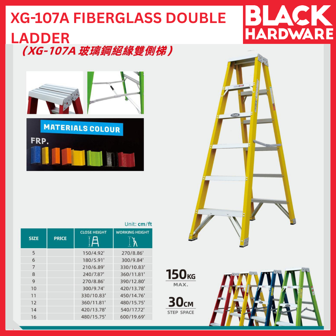 Black Hardware TONGDA XG-107A Fiberglass Double Side Ladder | Industrial Non-Conductive Step Ladder