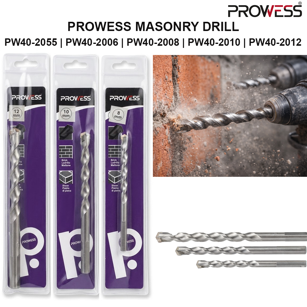 PROWESS MASONRY DRILL | TUNGSTEN CARBIDE MASONRY DRILL BIT | PROFESSIONAL CONCRETE & BRICK DRILL BIT 5.5MM | 6MM | 8MM | 10MM | 12MM ( PW40-2055 | PW40-2006 | PW40-2008 | PW40-2010 | PW40-2012 )