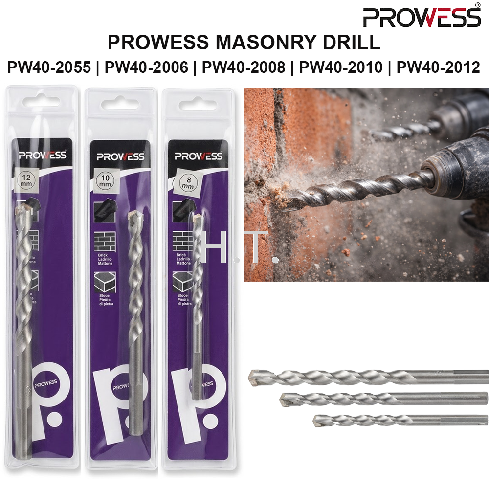 PROWESS MASONRY DRILL | TUNGSTEN CARBIDE MASONRY DRILL BIT | PROFESSIONAL CONCRETE & BRICK DRILL BIT 5.5MM | 6MM | 8MM | 10MM | 12MM ( PW40-2055 | PW40-2006 | PW40-2008 | PW40-2010 | PW40-2012 )