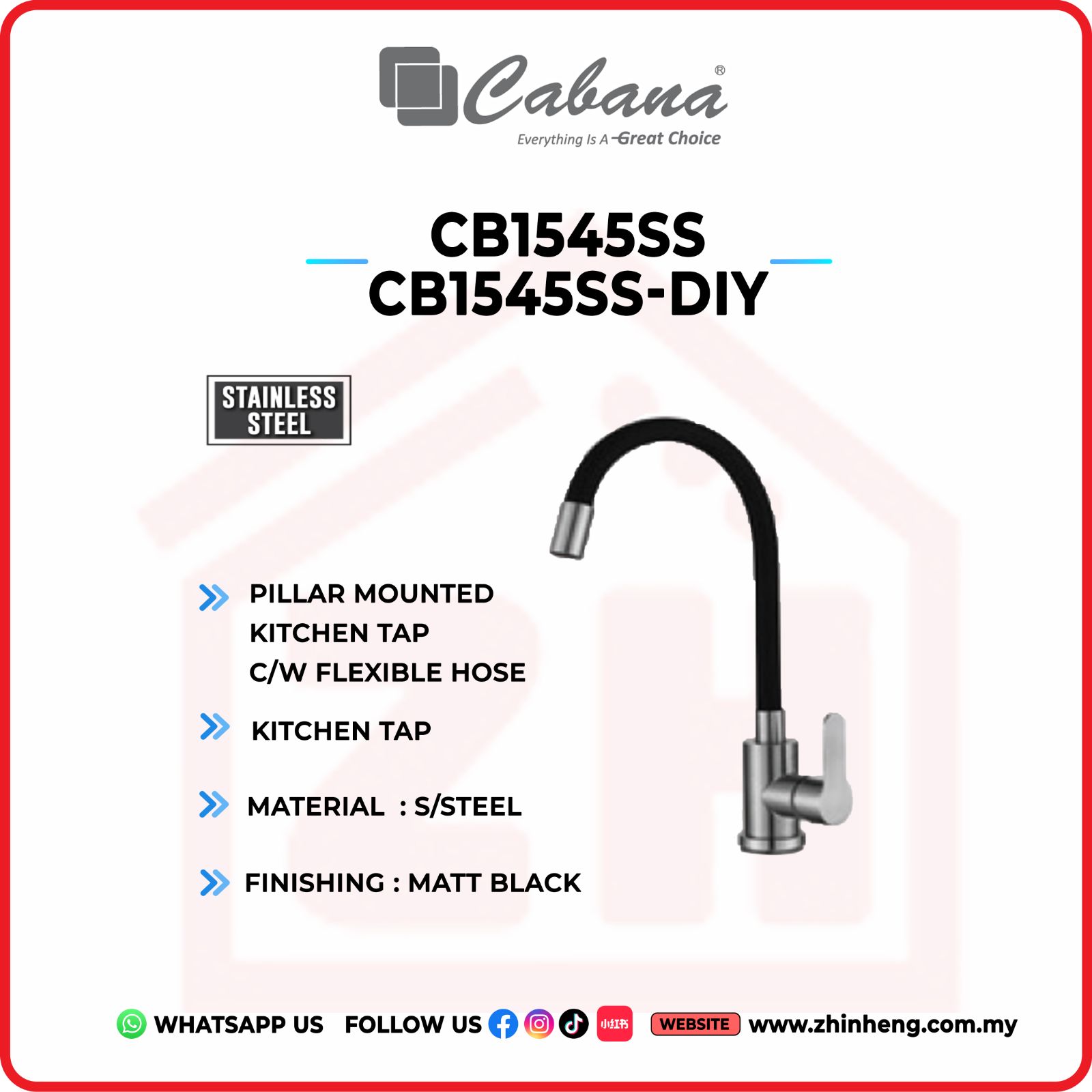 CABANA Pillar Mounted Kitchen Tap CB1545SS & CB1545SS-DIY
