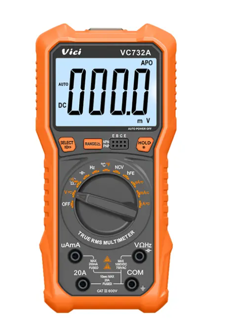 Vici VC732A NCV T-RMS Duty-cycle Diode hFE tests digital multimeter with data-hold, backlight, torch functions