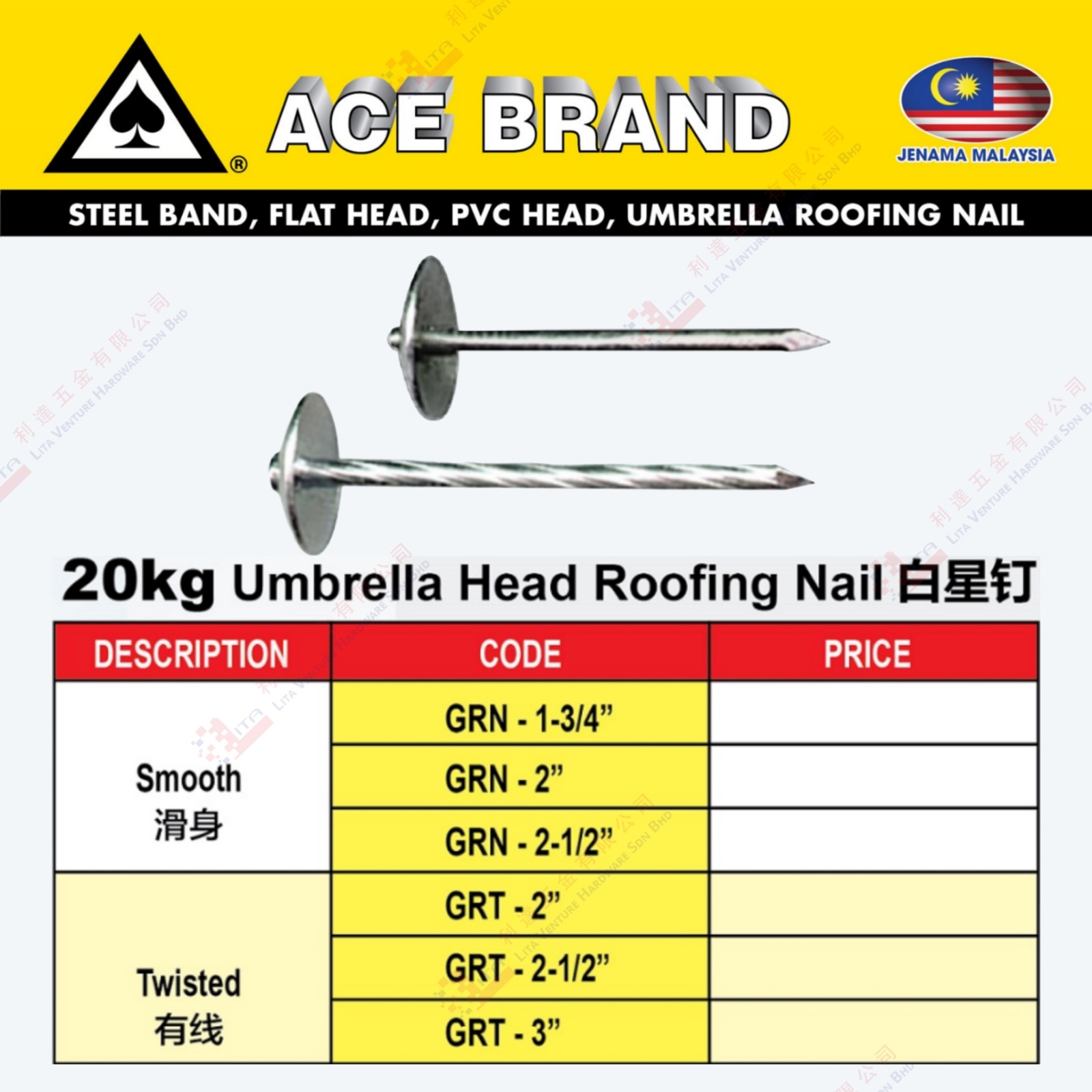 ACE BRAND MBRELLA HEAD ROOFING NAIL