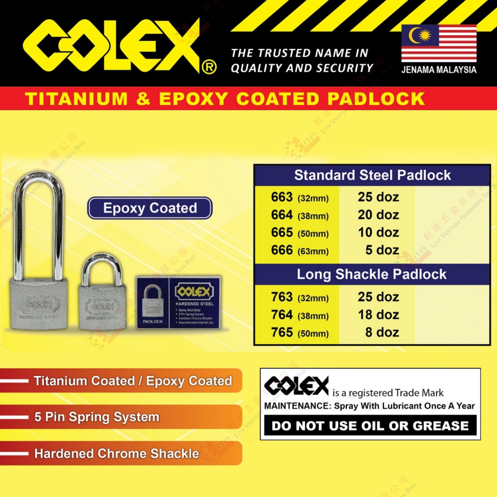 COLEX BRAND TITANIUM & EPOXY COATED PADLOCK - 663 664 665 666 763 764 765
