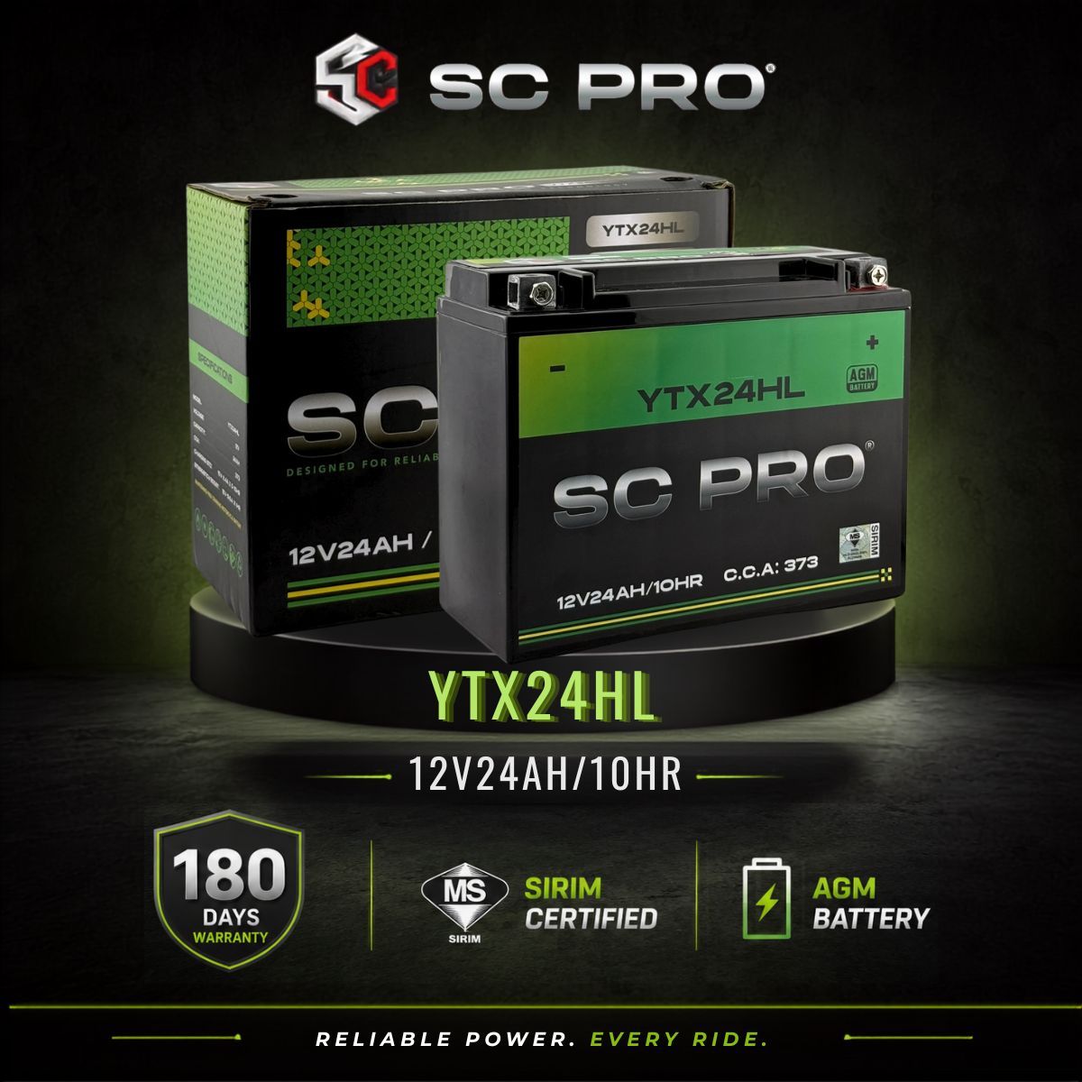YTX24HL-BS SC PRO - Bateri Honda GL1500 Goldwing–1500cc(1988-2000)/Harley Davidson FL/FLH Series(Touring)1340cc(1995-1996)/BRP–Can-Am RS – 998cc(2008-2016)/Kawasaki VN1500-C Vulcan L–1500cc(1996-1997)