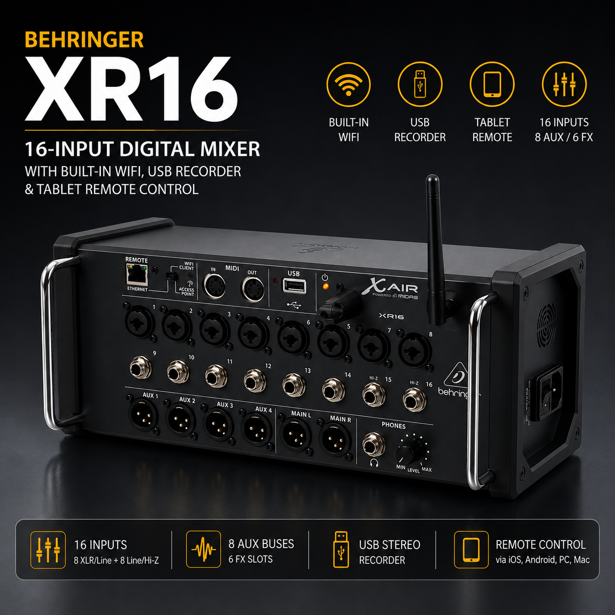 Behringer XR16 – Pencampur Digital 16-Input dengan WiFi Terbina, Perakam USB & Kawalan Jarak Jauh Tablet