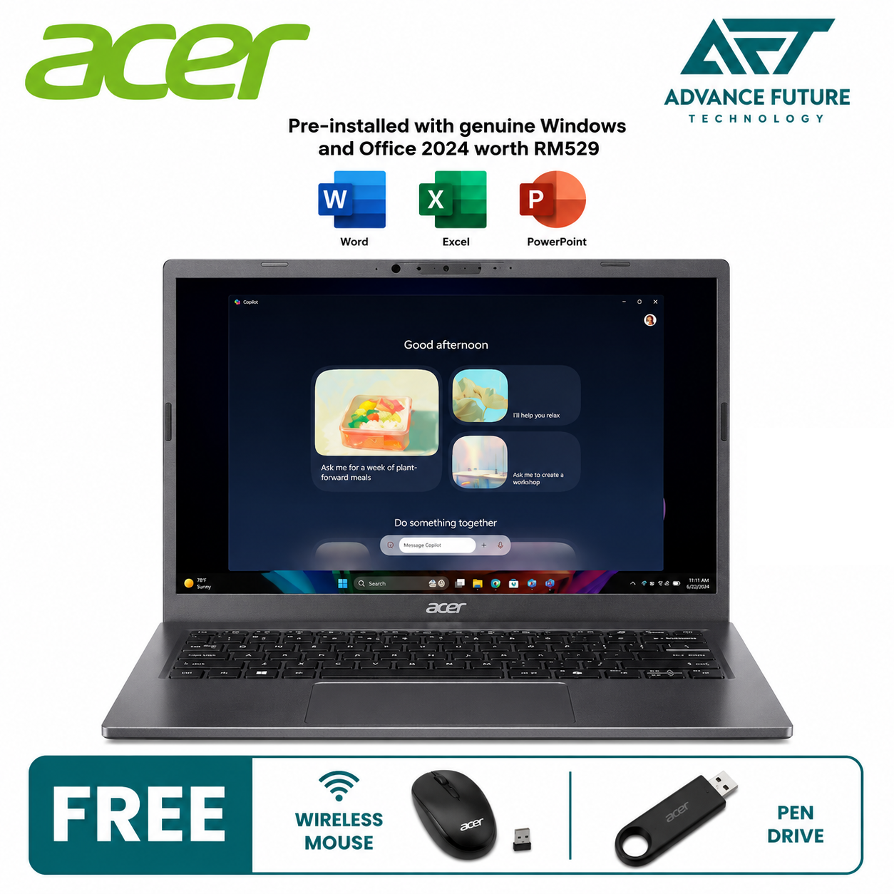 Acer Aspire 14 AI A14-52M-51NE 14" WUXGA Laptop Steel Grey ( Intel Core Ultra 5 226V, 16GB, 512GB SSD, Intel, W11, H&S 2024&M365 )