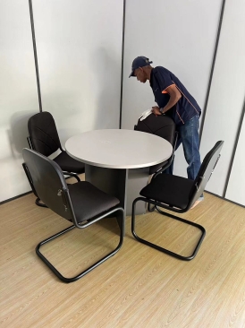 Cabin Container Office Furniture Set Up At Intel Penang Site | Meeting Table and Meeting Visitor Chair | Office Workstation Table | High Back Office Chair | Full Height Steel Cabinet | Office Table Penang | Office Chair Penang | Office Furniture