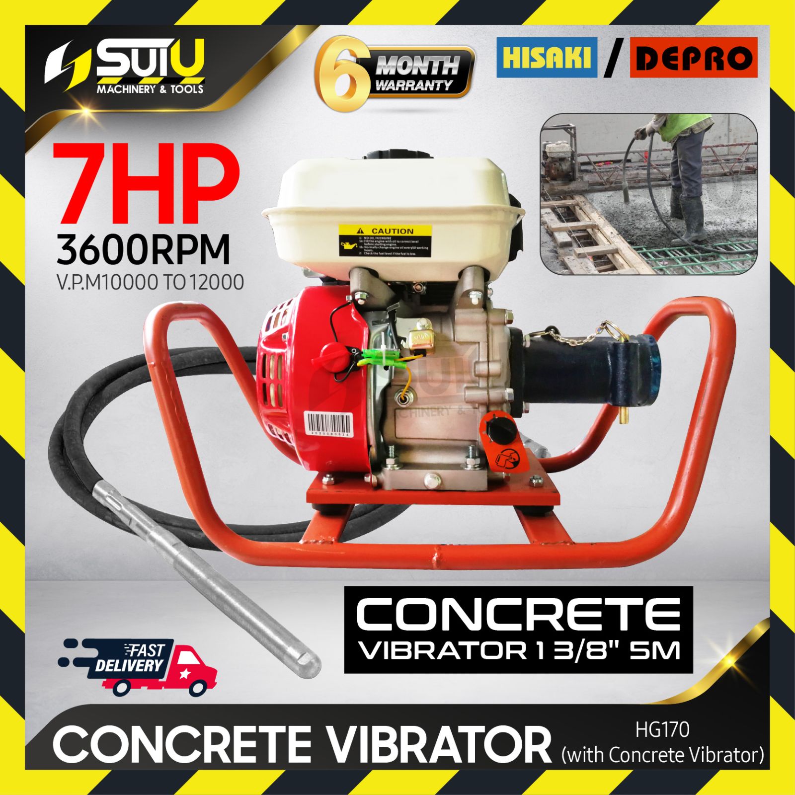 HISAKI / DEPRO HG170 Gasoline Engine CONCRETE VIBRATOR 1 3/8" V.P.M 12000