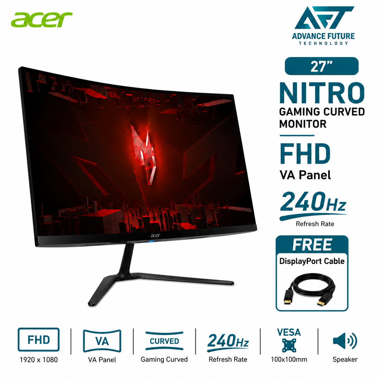 Acer Nitro ED270W0 27'' FHD VA 240Hz Gaming Curved Monitor ( Speaker, 2x HDMI, DP, Audio-Out, 3 Years Warranty )