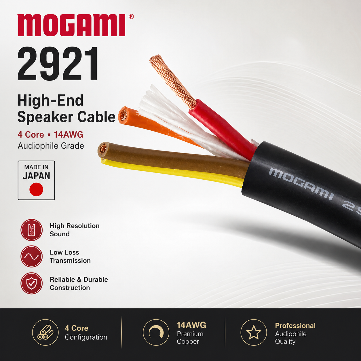 Mogami 2921 Kabel Pembesar Suara Premium – 4 Teras 14AWG Gred Audiophile, Buatan Jepun