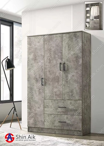 WR951013(KD) Grey Concrete Modern 3-Doors Wooden Wardrobe With 2 Drawers