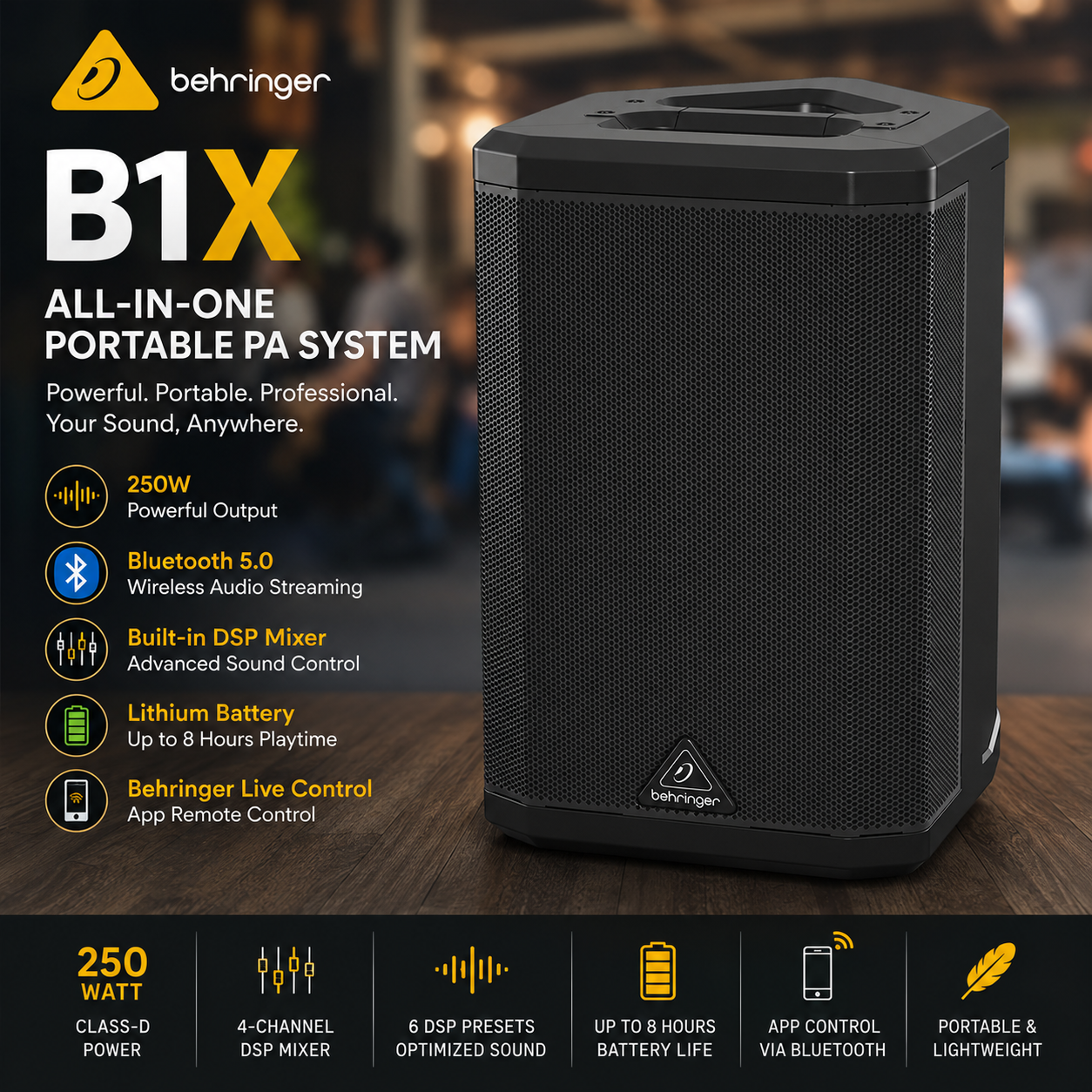 Behringer B1X – 250瓦一体式便携 PA 音响系统，内置蓝牙、DSP 混音器、锂电池与APP控制功能