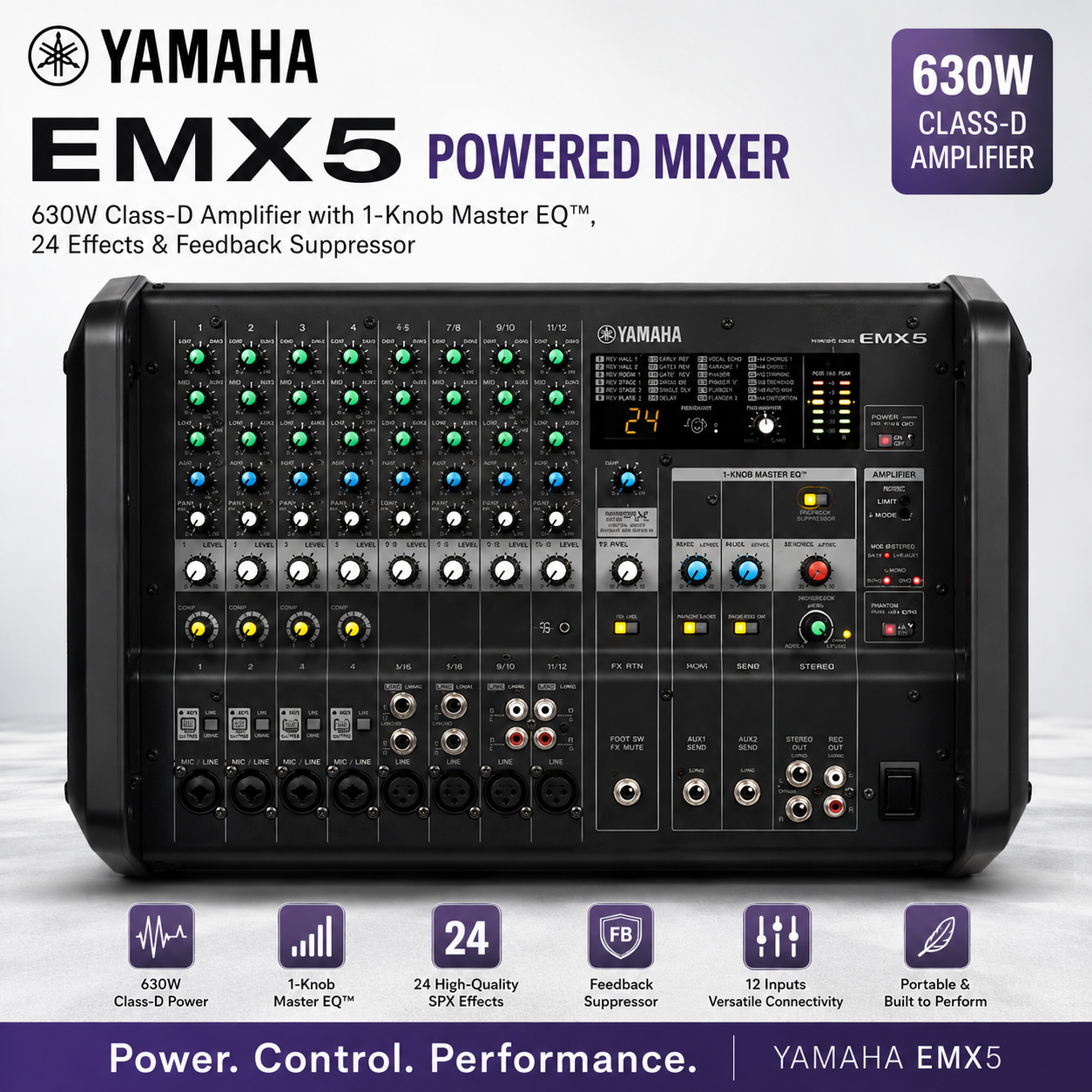 雅马哈 EMX5 有源调音台 – 630W Class-D 功放，1-Knob Master EQ™，24种效果器与反馈抑制器