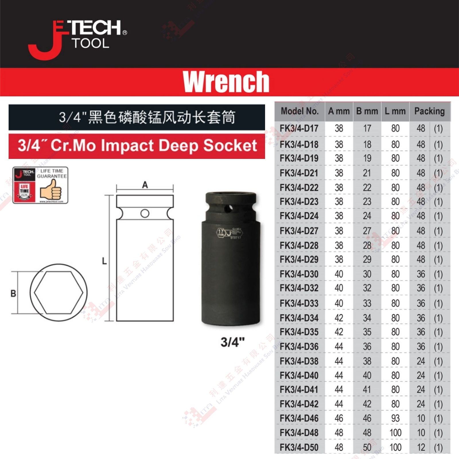 JE TECH BRAND CR MO IMPACT DEEP SOCKET - FK34D17 FK34D18 FK34D19 .....FK34D50