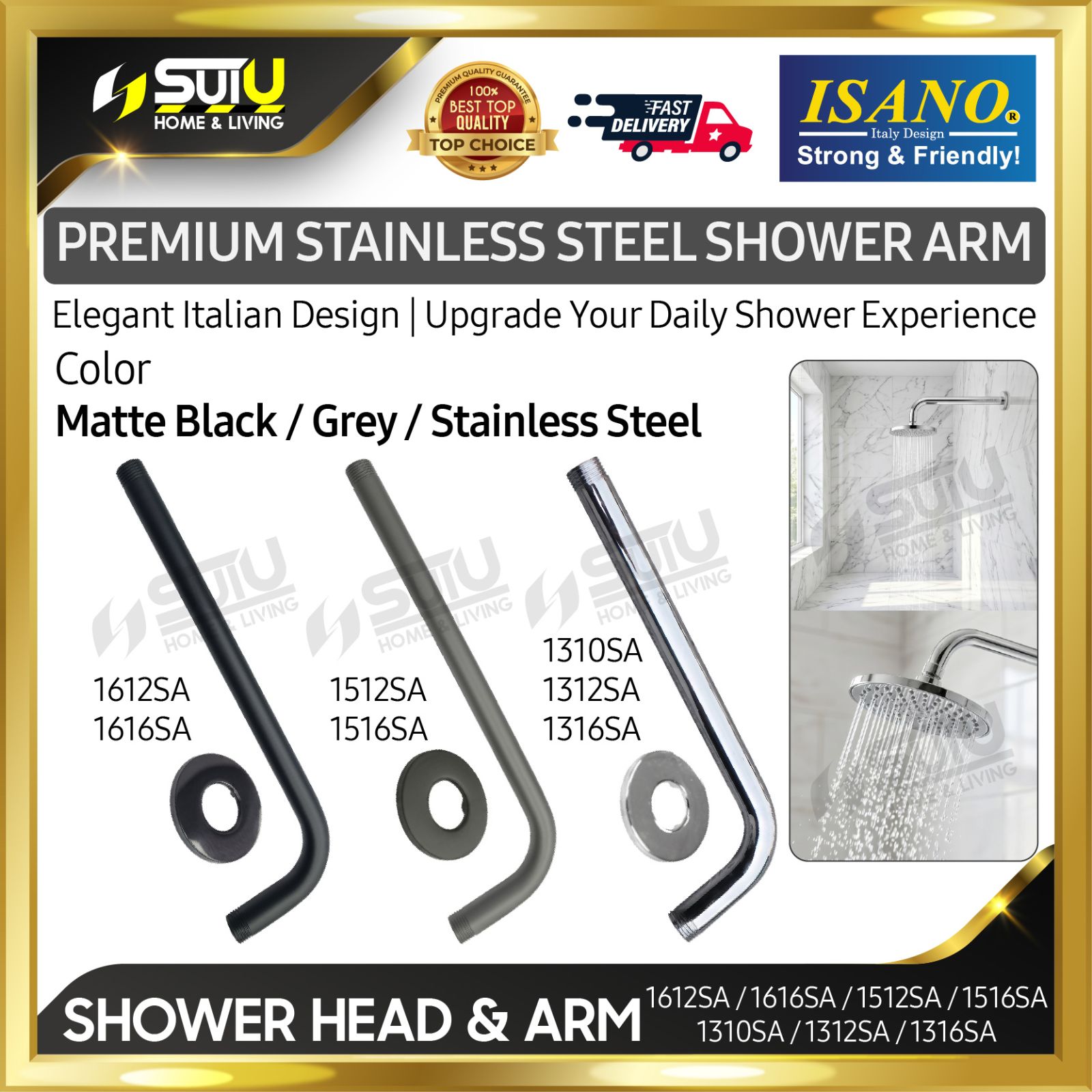 ISANO 1512SA / 1516SA / 1612SA /1616SA / 1310SA / 1312SA / 1316SA 10" / 12" / 16" Stainless Steel Shower Head & Arm (Matte Black / Grey / Stainless Steel)