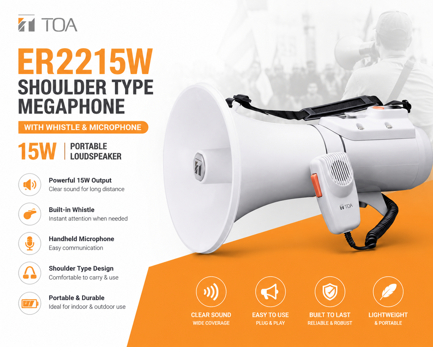 TOA ER2215W Shoulder Type Megaphone with Whistle & Microphone – 15W Portable Loudspeaker